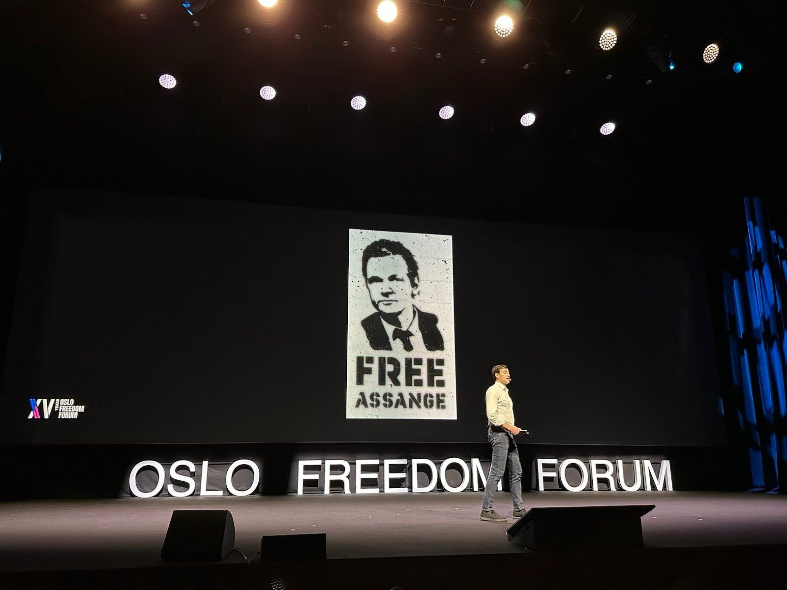 Alex Gladstein speaking at the Oslo Freedom Forum. Image courtesy of Alex Gladstein.