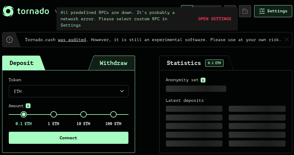 The Tornado Cash UI, pre-sanctions. Image courtesy of the Wayback Machine.